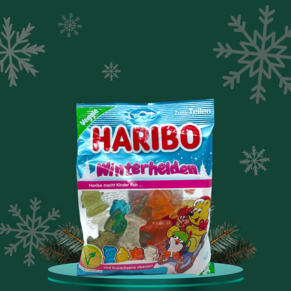 Haribo Winterhelden, des bonbons de différentes formes avec différents goûts (ananas, citron, orange, fraise, pomme, framboise)